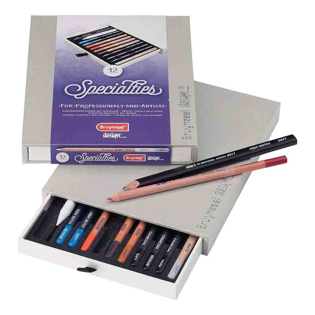 اقلام تلوين خاصة لأغراض مختلفة تحتوي على اقلام خشبية مائية مع عدد 3 اقلام رصاص فحم صلبة ومتوسطة وناعمة وقلم   رصاص طباشير ابيض - طقم 12 قلم من برونزيل