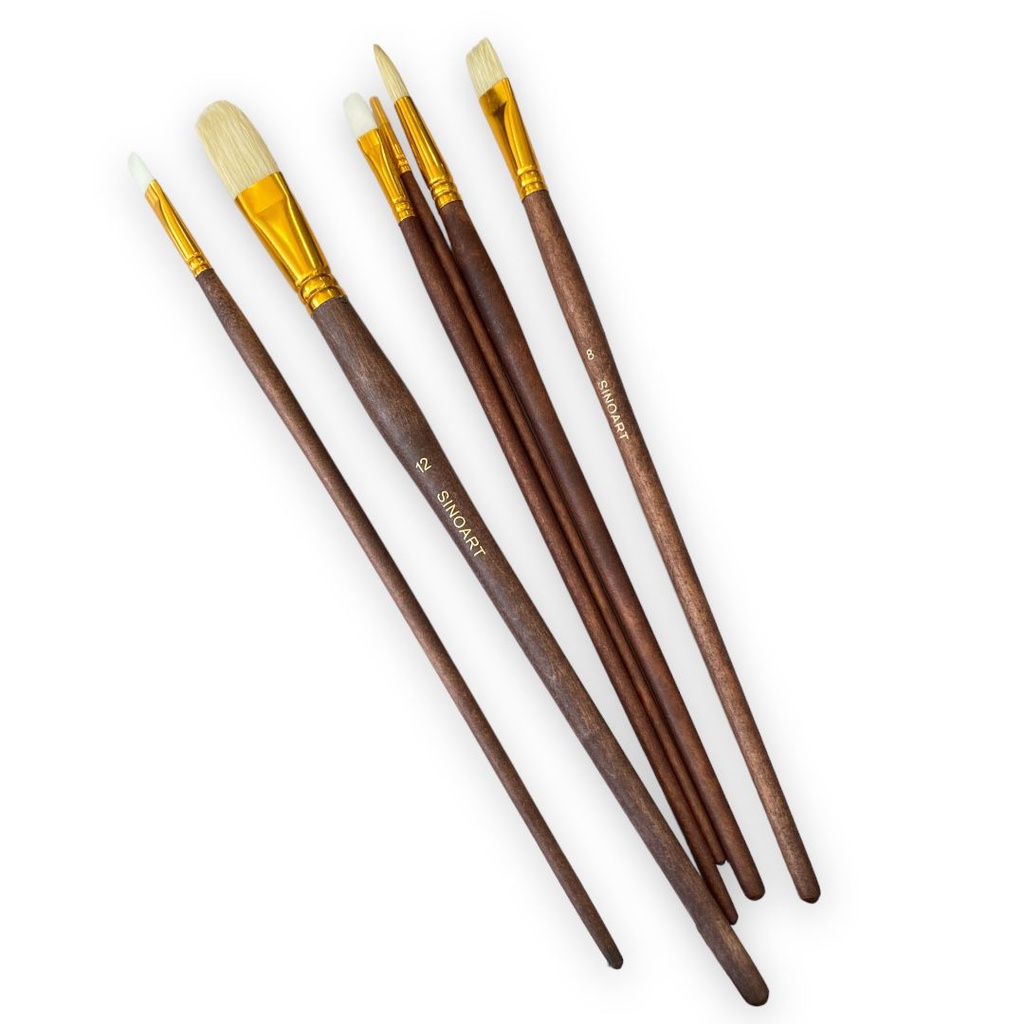 Long hangle Natural and synthetic hair, 6pk.  Synthetic brush, 2 round, 4 flat, 4 filbert; Bristle brush 8 bright, 6 round, 12 filbert