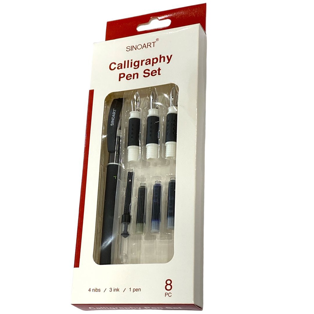 Calligraphy Pen Set 1 pen barrel
1 extra ink tank
4 stainless steel nibs: XF/F/M/B
3 ink cartridges: Black/Blue/Blue-Black