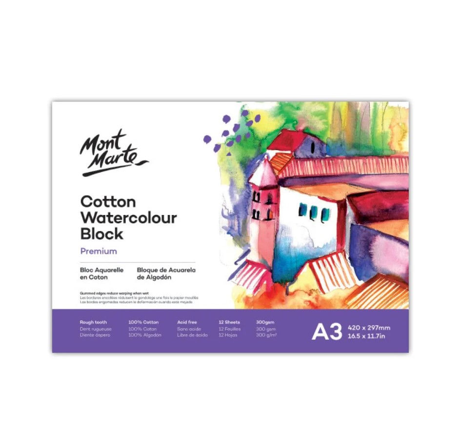 Mont Marte Cotton Watercolor Paper Pad 300gsm A3 12 Sht