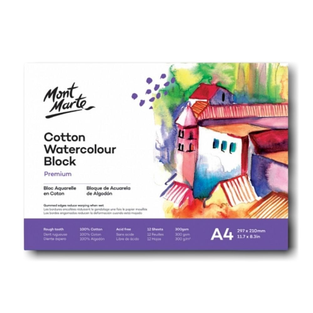 Mont Marte Cotton Watercolor Paper Pad 300gsm A4 12 Sht