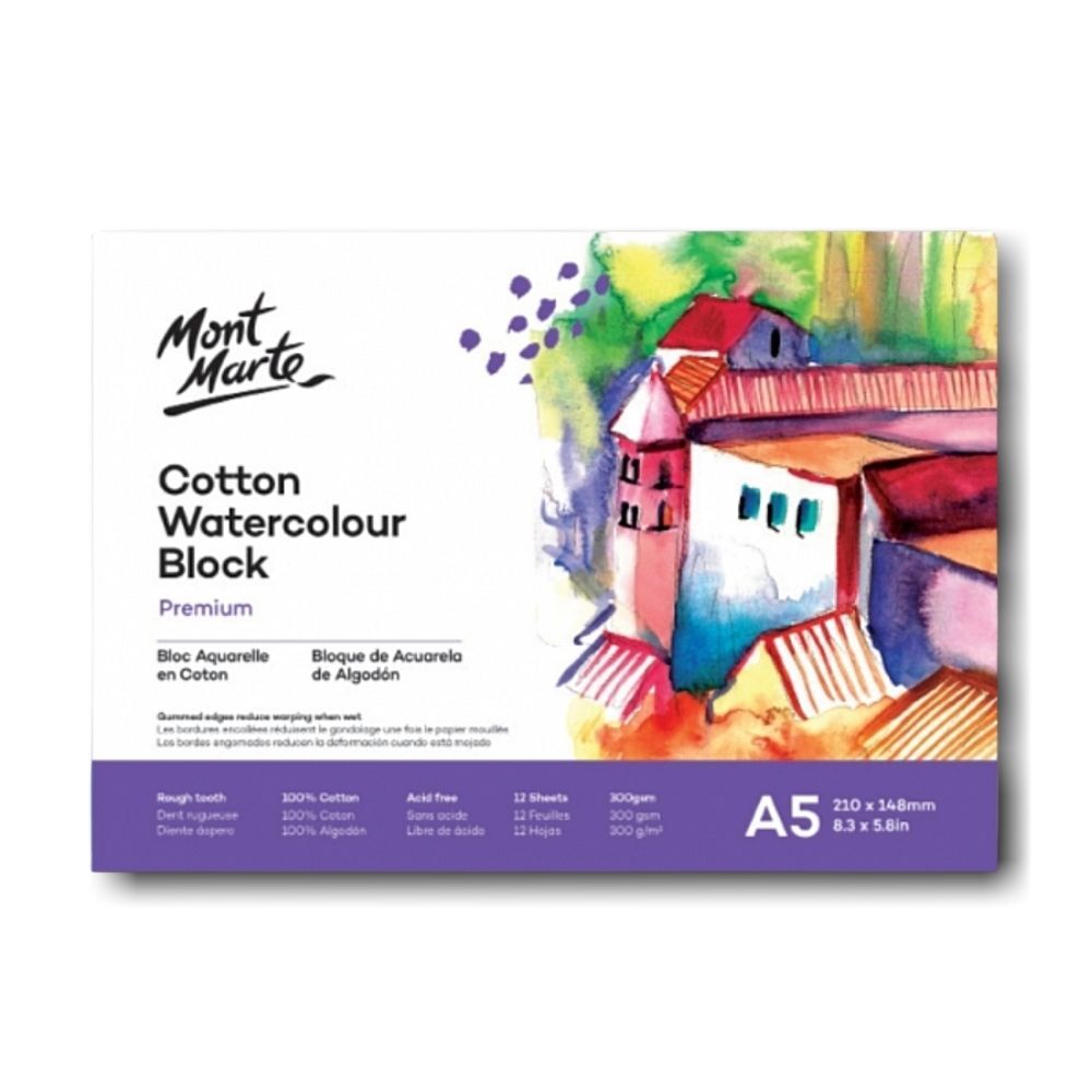 Mont Marte Cotton Watercolor Paper Pad 300gsm A5 12 Sht