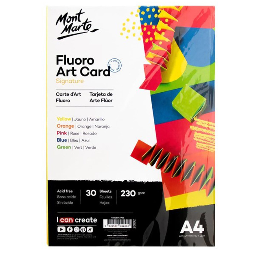 Mont Marte Fluro Art Card Pack 5 cols 230gsm 30pce A4