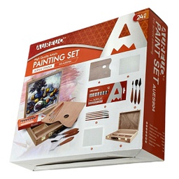 [AUES904] WOODEN BOX SET:
12X12ml Acrylic Paint Tubes,5 Artist Brushes,3 Painting Knives,1 Stretched Canvas 24x30cm,1 Canvas Panel 24x30cm,1 wooden Palette ,1 Wooden Box